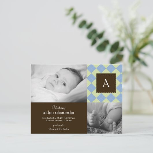 Faire-part de naissance chic Argyle pour bébé garç (Debout devant)