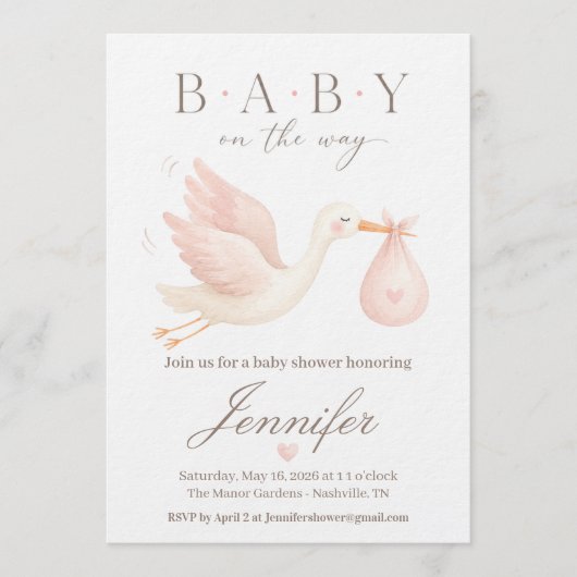 Faire-part de naissance cigogne rose (Devant)