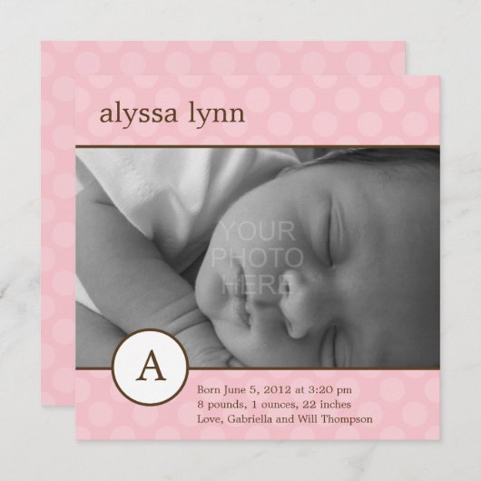 Faire-part de naissance classique initial de fille (Devant / Derrière)