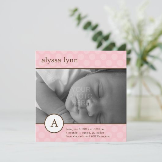 Faire-part de naissance classique initial de fille (Debout devant)