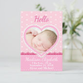 Faire-part de naissance Coeur de dentelle rose (Debout devant)