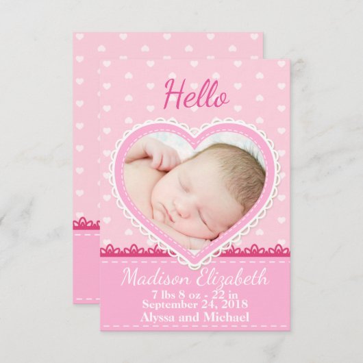 Faire-part de naissance Coeur de dentelle rose (Devant / Derrière)