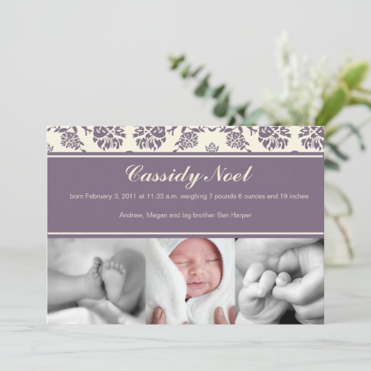 Faire-part de naissance Damask avec ruban (Debout devant)