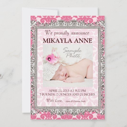 Faire-part de naissance damassé rose et marron (Devant)