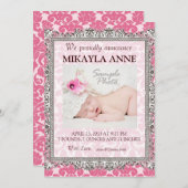 Faire-part de naissance damassé rose et marron (Devant / Derrière)