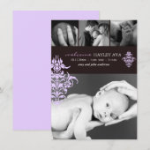 Faire-part de naissance damassé violet et marron (Devant / Derrière)