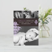 Faire-part de naissance damassé violet et marron (Debout devant)