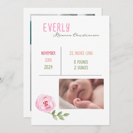 Faire-part de naissance d'aquarelle pour bébé fill (Devant / Derrière)