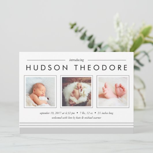 Faire-part de naissance de bande de métro | Gris (Debout devant)