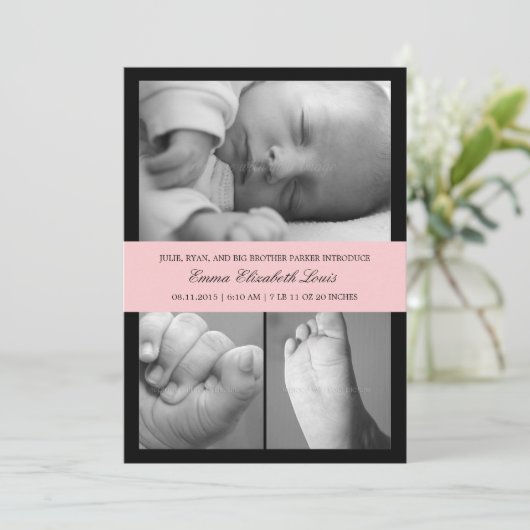 Faire-part de naissance de bande intemporel - rose (Debout devant)