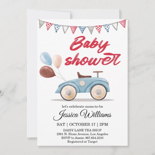 Faire-part de naissance de bébé avec voiture vinta (Devant)