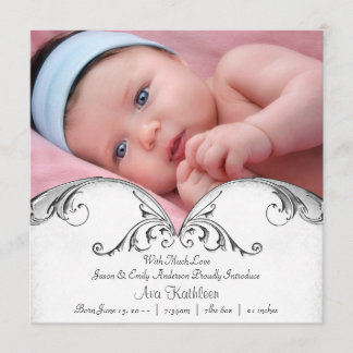 Faire-part de naissance de bébé fille blanc argent