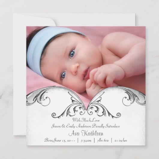 Faire-part de naissance de bébé fille blanc argent (Devant)