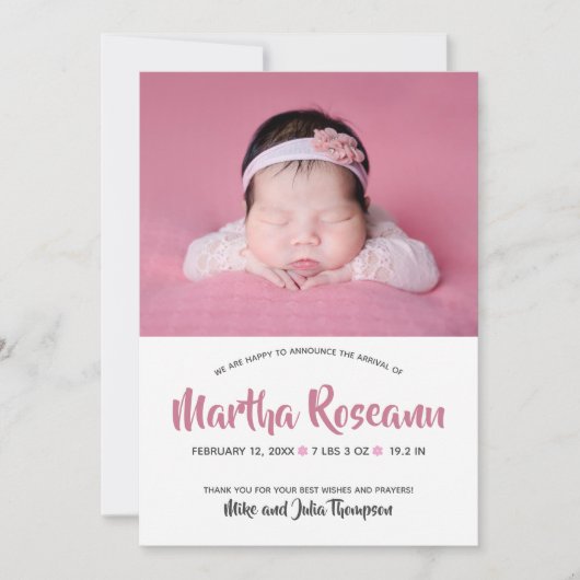 Faire-part de naissance de bébé fille nouveau-née (Devant)