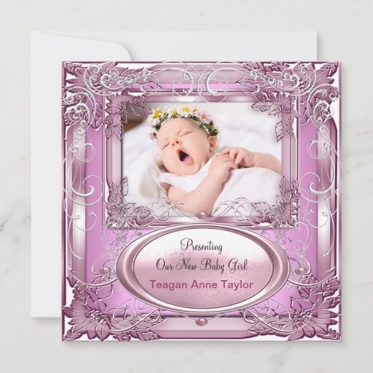 Faire-part de naissance de bébé fille rose argenté (Devant)