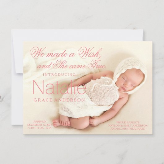 Faire-part de naissance de bébé fille rose corail (Devant)
