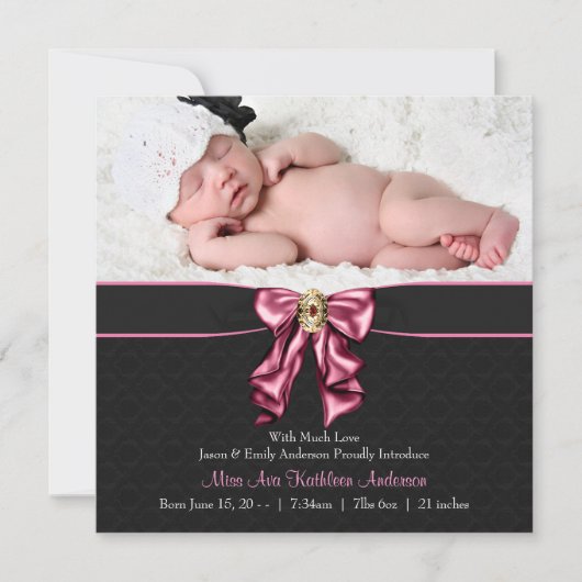 Faire-part de naissance de bébé fille rose et noir (Devant)