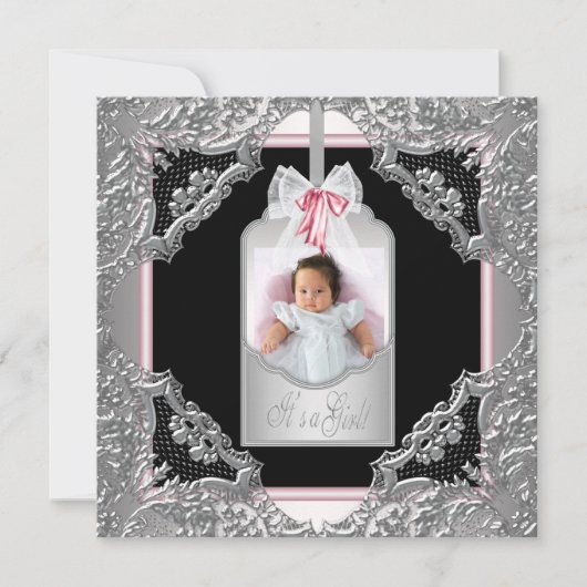 Faire-part de naissance de bébé fille rose et noir (Devant)