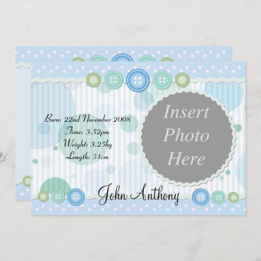 Faire-part de naissance de bébé garçon (Devant / Derrière)