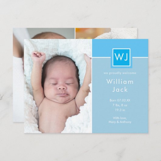 Faire-part de naissance de bébé garçon élégant et  (Devant / Derrière)