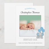 Faire-part de naissance de bébé garçon éléphant bl (Devant / Derrière)