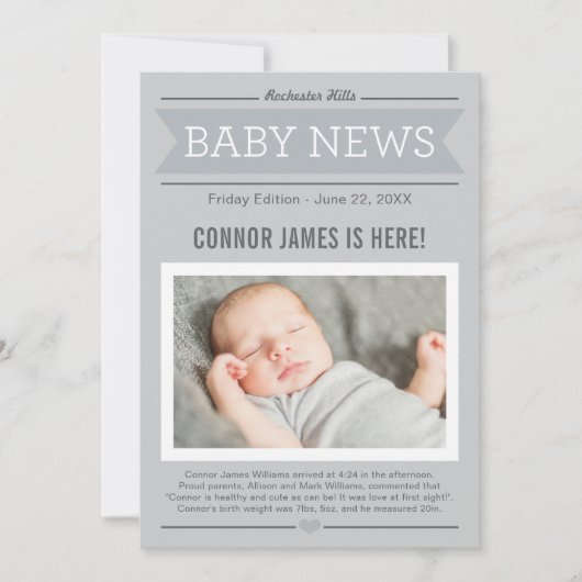 Faire-part de naissance de bébé garçon moderne gri (Devant)