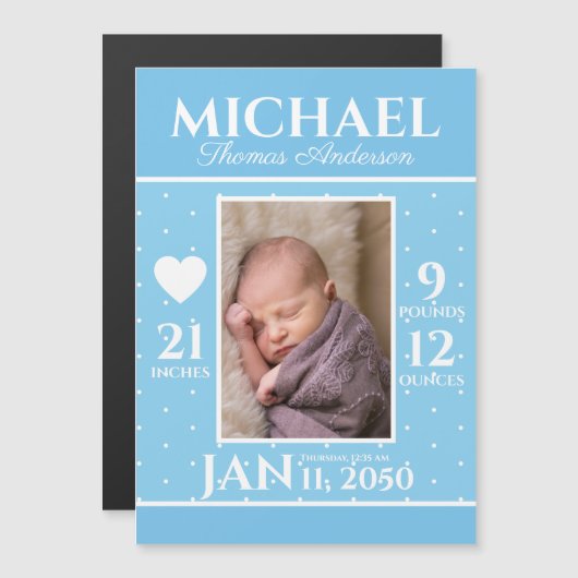 Faire-part de naissance de bébé moderne bleu avec (Devant / Derrière)