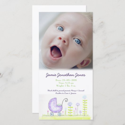 Faire-part de naissance de bébé pourpre garçons Ca (Devant / Derrière)