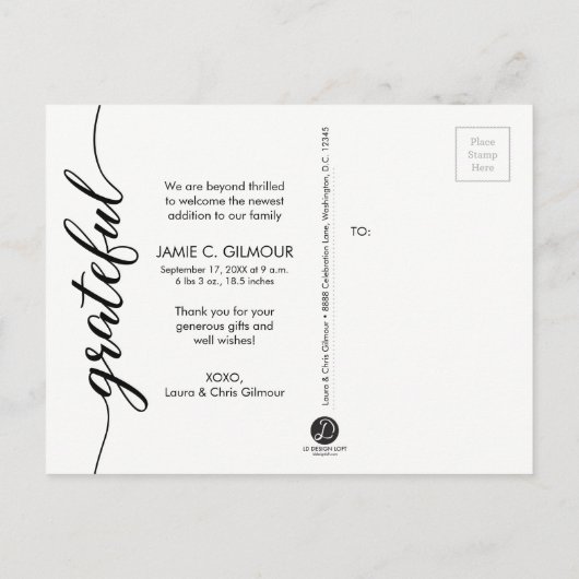 Faire-part de naissance de bébé Script reconnaissa (Dos)