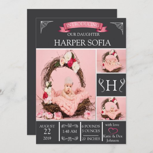 Faire-part de naissance de bébé tout simple (Devant / Derrière)