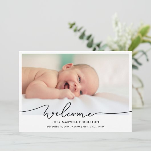 Faire-part de naissance de bienvenue Script photo (Debout devant)