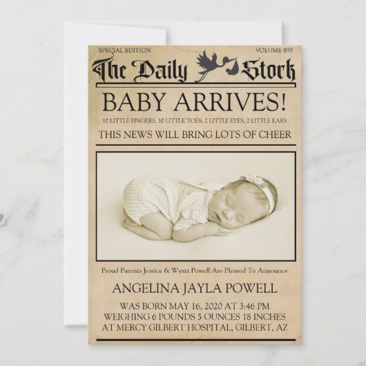 Faire-part de naissance de bulletin de style vinta (Devant)