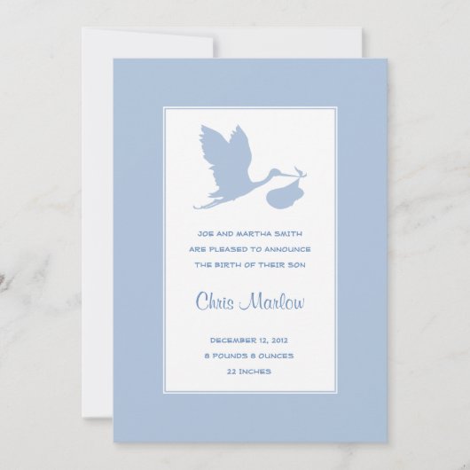 Faire-part de naissance de cigogne bleue (Devant)