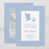 Faire-part de naissance de cigogne bleue (Devant / Derrière)