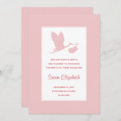 Faire-part de naissance de cigogne rose (Devant / Derrière)