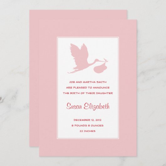 Faire-part de naissance de cigogne rose (Devant / Derrière)