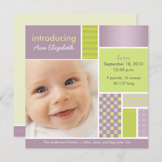 Faire-part de naissance de concepteur Lilac Patchw (Devant / Derrière)