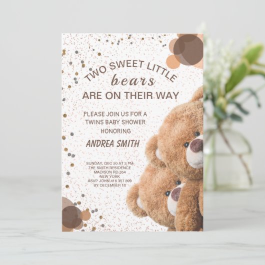 Faire-part de naissance de jolis ours jumeaux (Debout devant)