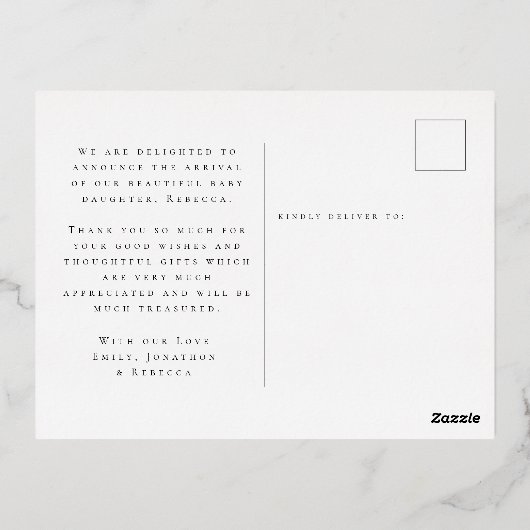 Faire-part de naissance de Merci de script Foil Ph (Verso)