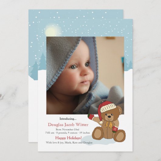 Faire-part de naissance de Noël de bébé ours des f (Devant / Derrière)