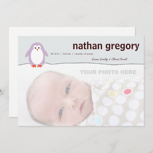 Faire-part de naissance de pingouin (Devant / Derrière)