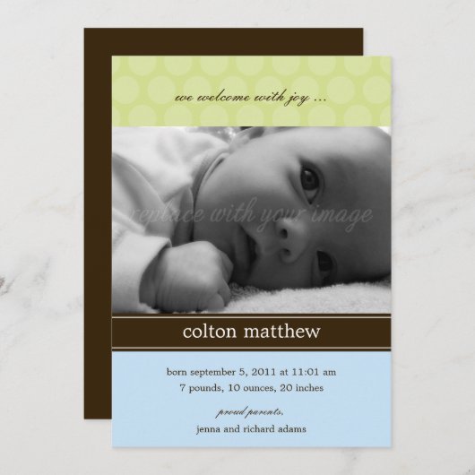 Faire-part de naissance de points modernes - Bleu (Devant / Derrière)