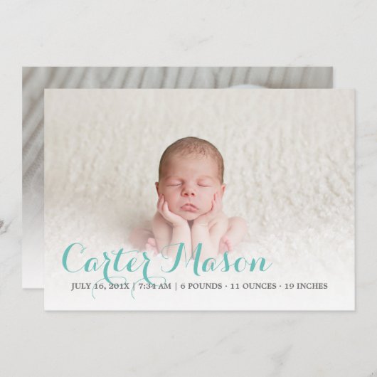 Faire-part de naissance de script bleu moderne (Devant / Derrière)