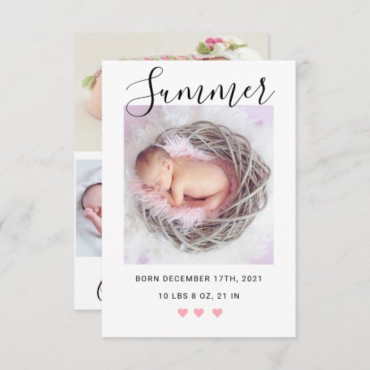 Faire-part de naissance de script moderne avec pho (Devant / Derrière)