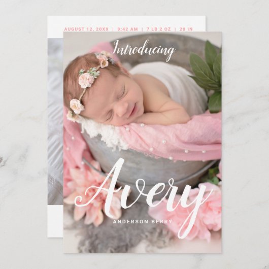 Faire-part de naissance de script pour bébé fille (Devant / Derrière)