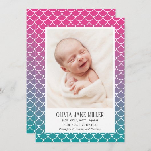 Faire-part de naissance de sirène Turquoise Lilac (Devant / Derrière)