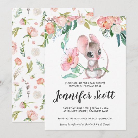 Faire-part de naissance de Souris Florale Bébé (Devant / Derrière)