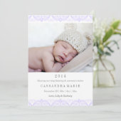 Faire-part de naissance dentelle violette (Debout devant)
