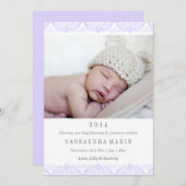 Faire-part de naissance dentelle violette (Devant / Derrière)
