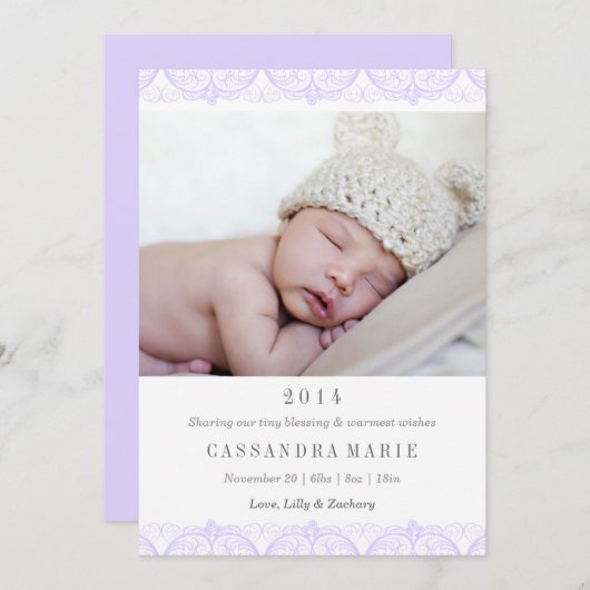 Faire-part de naissance dentelle violette (Devant / Derrière)
